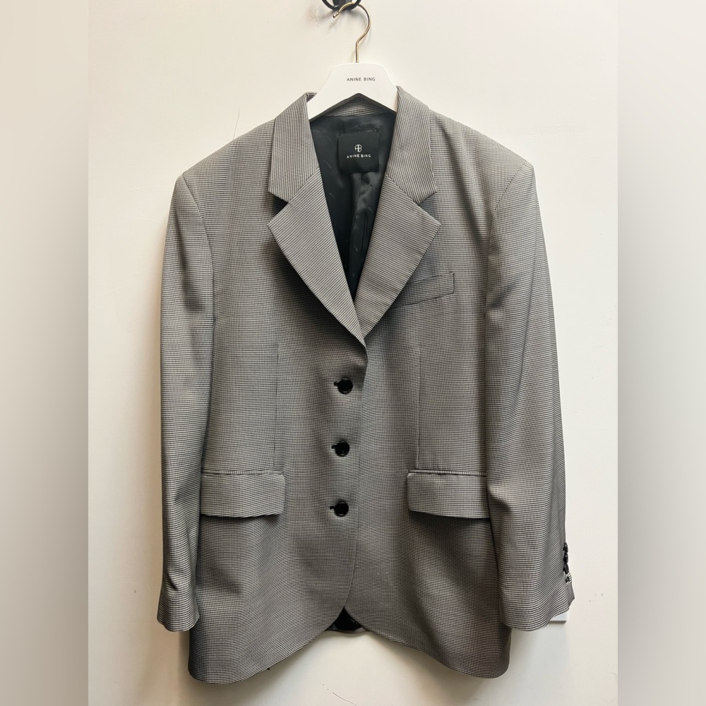 Anine Bing Oversized Mini Houndstooth Gray Blazer